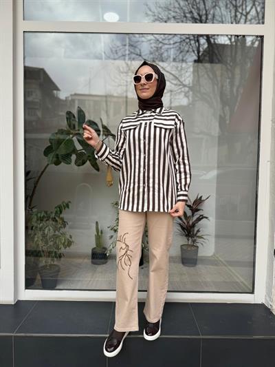 Çizgi Detaylı Kadın Gömlek Kahve