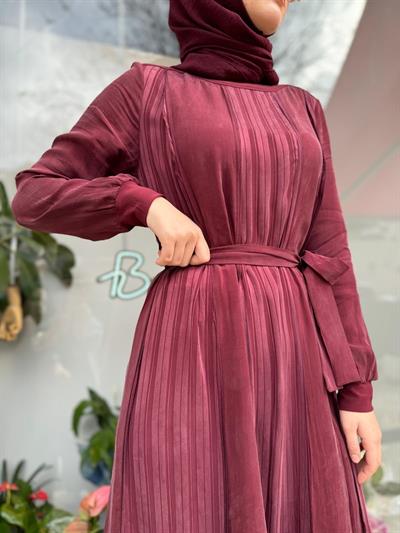 Çizgi Detaylı Kuşaklı Kadın Elbise Bordo