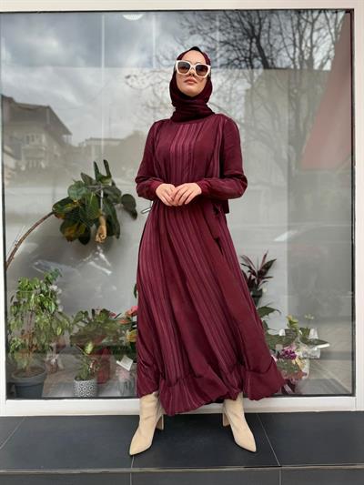Çizgi Detaylı Kuşaklı Kadın Elbise Bordo