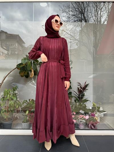 Çizgi Detaylı Kuşaklı Kadın Elbise Bordo