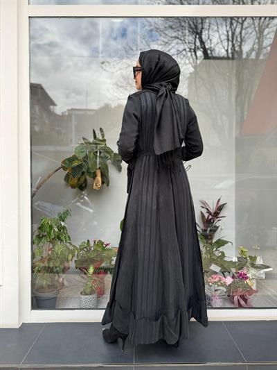 Çizgi Detaylı Kuşaklı Kadın Elbise Siyah