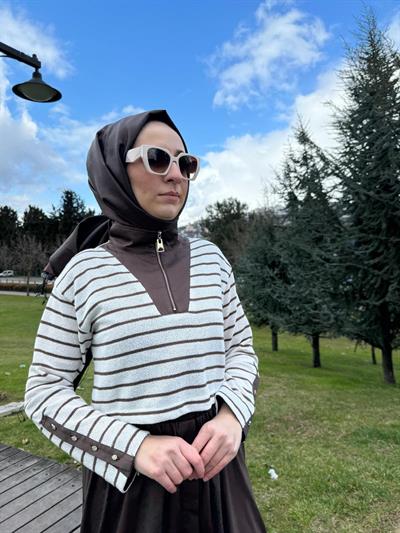 Çizgi Triko Detaylı Tasarım Kadın Elbise Kahve