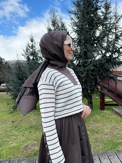 Çizgi Triko Detaylı Tasarım Kadın Elbise Kahve