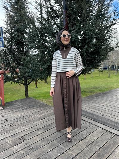 Çizgi Triko Detaylı Tasarım Kadın Elbise Kahve