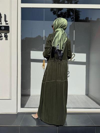 Çizgili Beli Sıkmalı Kadın Cupro Elbise Yeşil