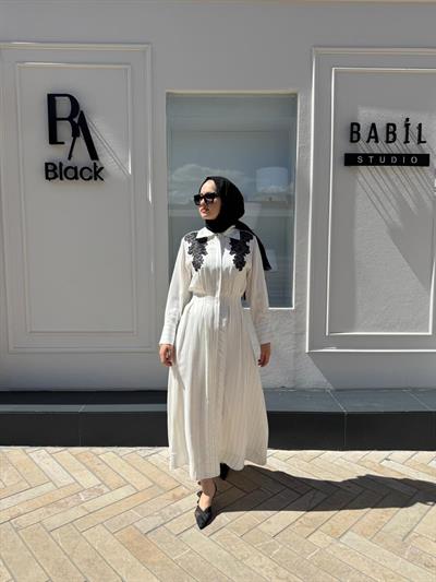 Çizgili Fisto Detaylı Noelle Kadın Elbise Beyaz