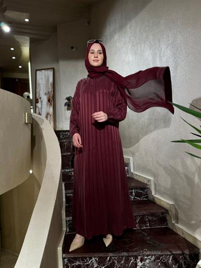 Çizgili Şal Detaylı İpek Kadın Ferace Mürdüm