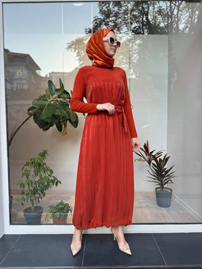 Çizgili Yelekli İpek Kadın Elbise Oranj