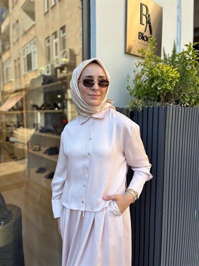 D51 Joy Asetat Lastikli Etekli Kadın Takım Pudra Pembe