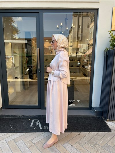 D51 Joy Asetat Lastikli Etekli Kadın Takım Pudra Pembe