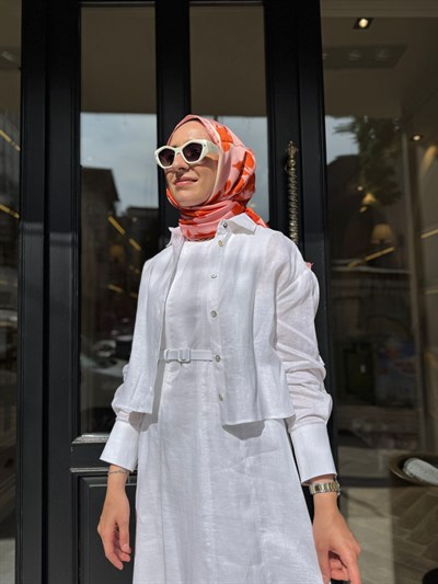 D54 Amanda Keten Kolsuz Elbise Gömlek Takım Beyaz