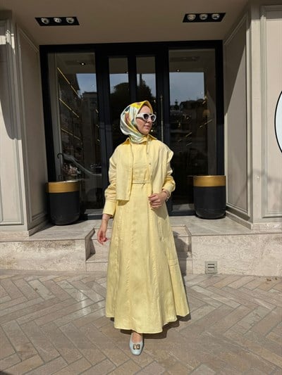 D54 Amanda Keten Kolsuz Elbise Gömlek Takım Sarı