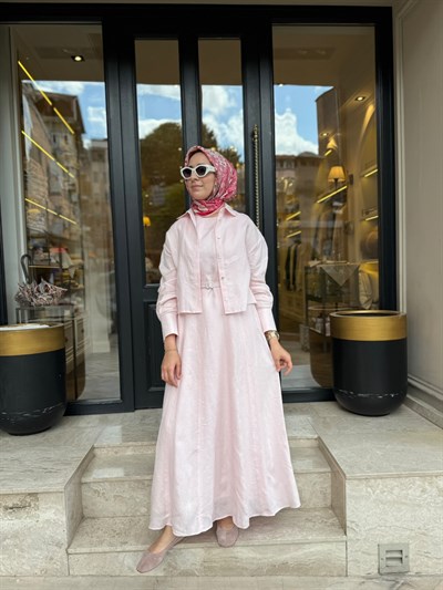 D54 Amanda Keten Kolsuz Elbise Gömlek Takım Pudra Pembe