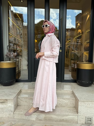 D54 Amanda Keten Kolsuz Elbise Gömlek Takım Pudra Pembe