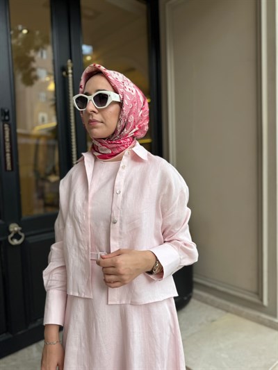 D54 Amanda Keten Kolsuz Elbise Gömlek Takım Pudra Pembe