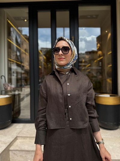 D54 Amanda Keten Kolsuz Elbise Gömlek Takım Kahve