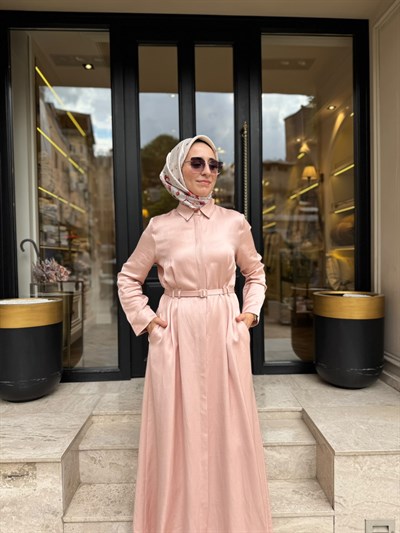 D81 Rachel Lyocell Keten Kadın Gömlek Elbise Pudra Pembe