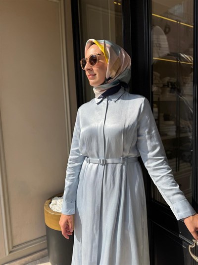 D81 Rachel Lyocell Keten Kadın Gömlek Elbise Bebek Mavi