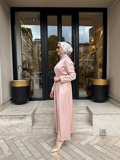 D81 Rachel Lyocell Keten Kadın Gömlek Elbise Pudra Pembe