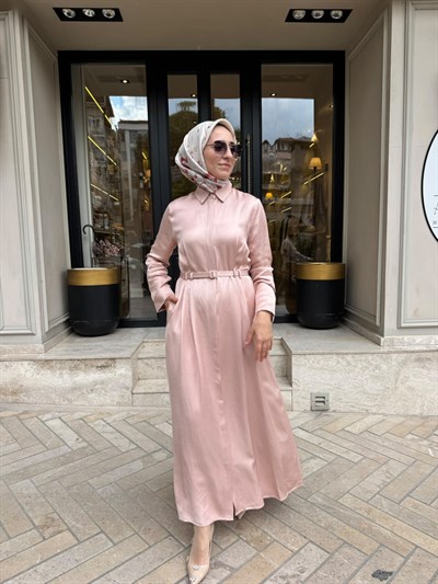 D81 Rachel Lyocell Keten Kadın Gömlek Elbise Pudra Pembe