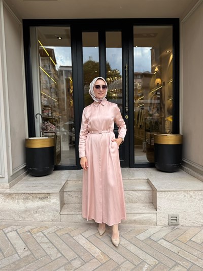 D81 Rachel Lyocell Keten Kadın Gömlek Elbise Pudra Pembe