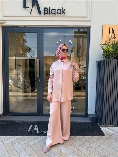 D87 Velar Lyocell Keten Pantolonlu Kadın Takım Pudra Pembe