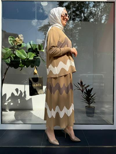 Dalga Desen Fitilli Triko Tunik Camel