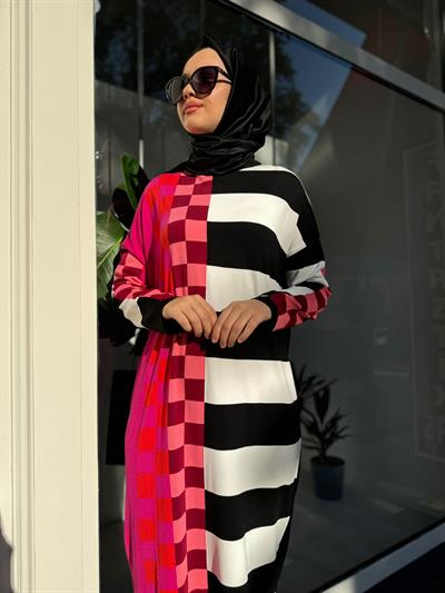 Dama Desenli Kadın Triko Elbise Siyah
