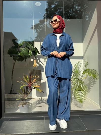Denim Kot Kadın Pantolonlu Takım Mavi