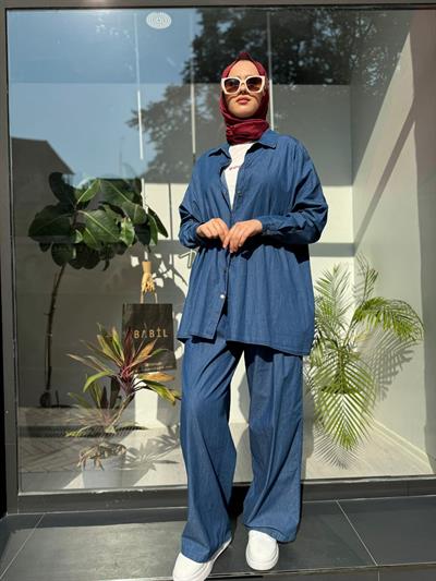 Denim Kot Kadın Pantolonlu Takım Mavi