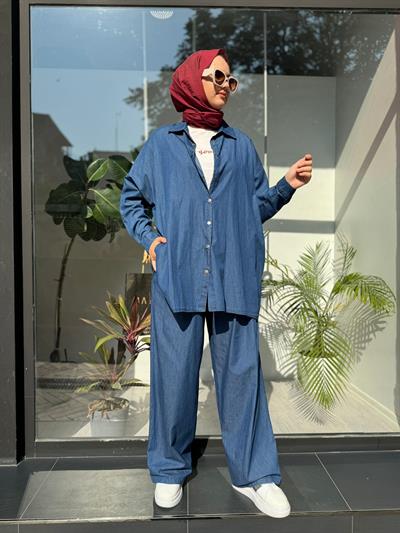 Denim Kot Kadın Pantolonlu Takım Mavi