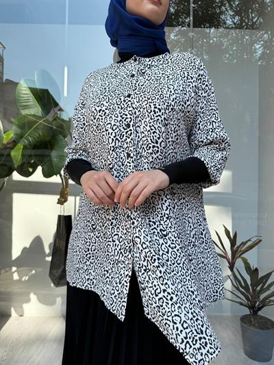 Desenli Esnek Kadın Gömlek Leopar Siyah