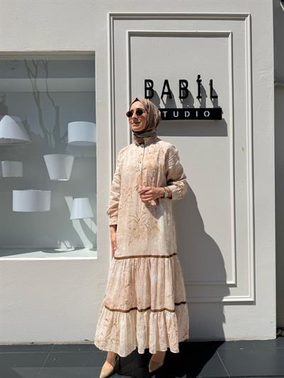 Desenli Kadın Masha Elbise Bej