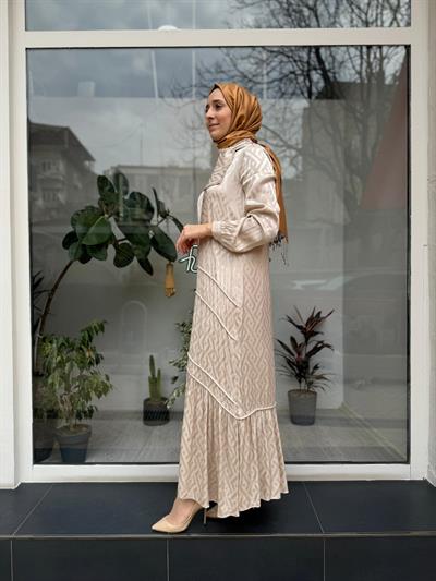 Desenli Parçalı Saten Kadın Elbise Bej