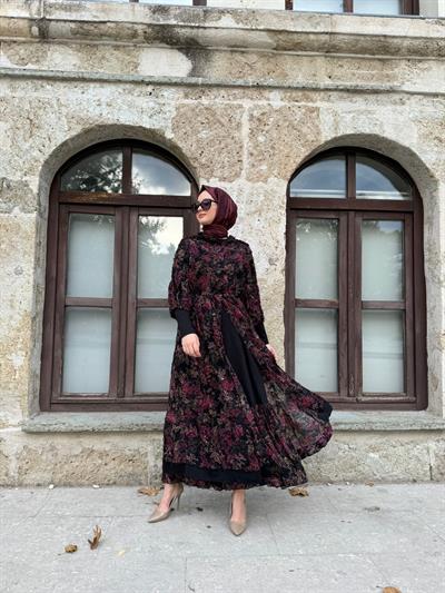 Desenli Şifon İkili Tasarım Kadın Elbise Siyah