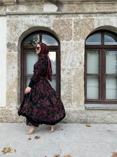 Desenli Şifon İkili Tasarım Kadın Elbise Siyah
