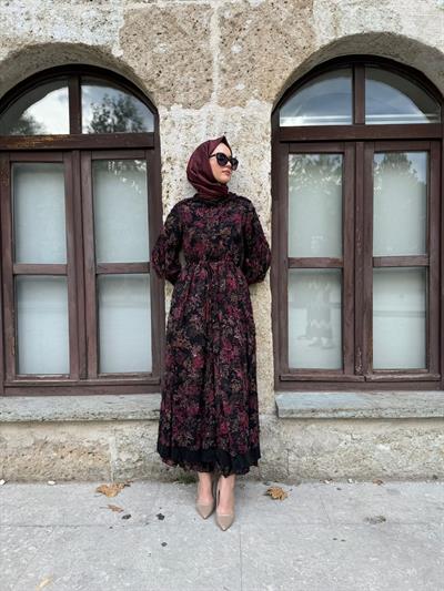 Desenli Şifon İkili Tasarım Kadın Elbise Siyah