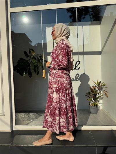 Desenli Vual Etekli Kadın Takım Bordo