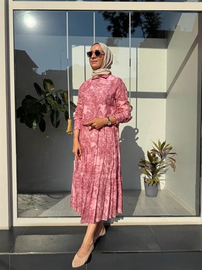 Desenli Vual Etekli Kadın Takım Pembe