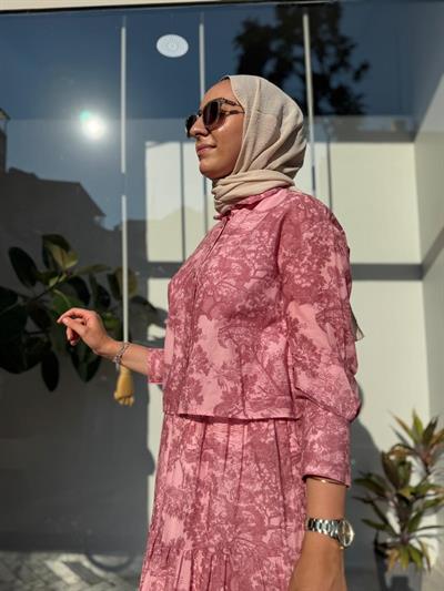 Desenli Vual Etekli Kadın Takım Pembe