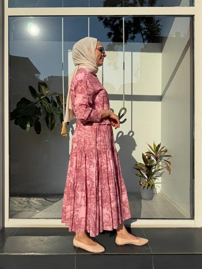 Desenli Vual Etekli Kadın Takım Pembe