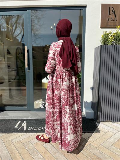 Desenli Vual Kadın Elbise Bordo
