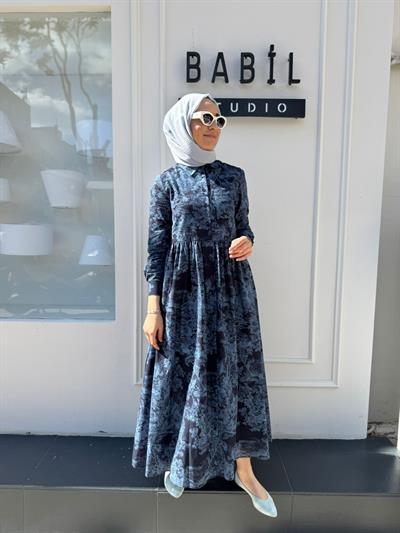 Desenli Vual Kadın Elbise İndigo