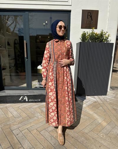 Desenli Vual Kadın Gömlek Elbise Turuncu
