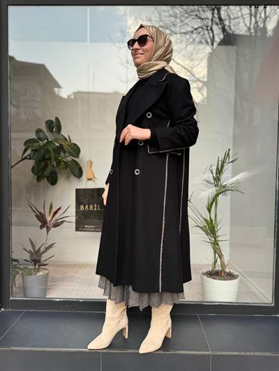 Dikiş Detaylı Cepli Kaşe Kaban Siyah