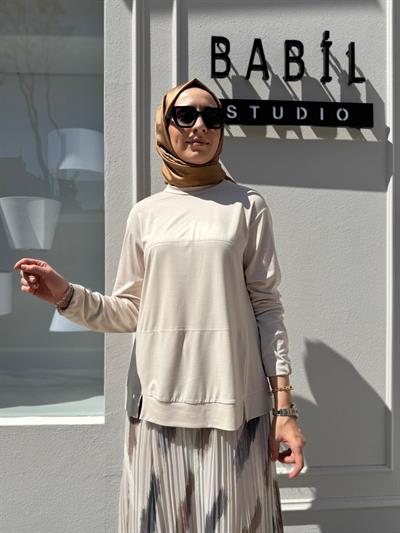 Dikiş Detaylı Kadın Bambu Tunik Ekru