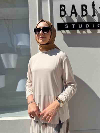 Dikiş Detaylı Kadın Bambu Tunik Ekru
