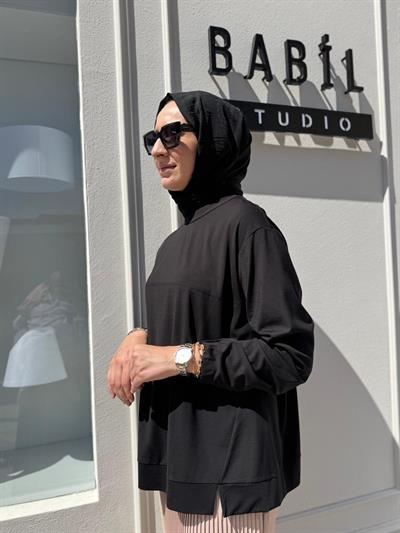 Dikiş Detaylı Kadın Bambu Tunik Siyah