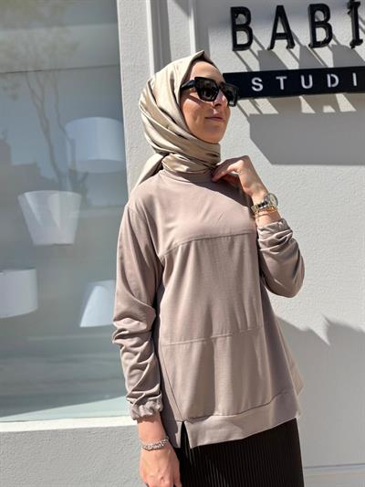 Dikiş Detaylı Kadın Bambu Tunik Vizon