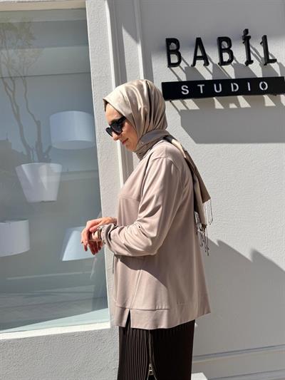 Dikiş Detaylı Kadın Bambu Tunik Vizon